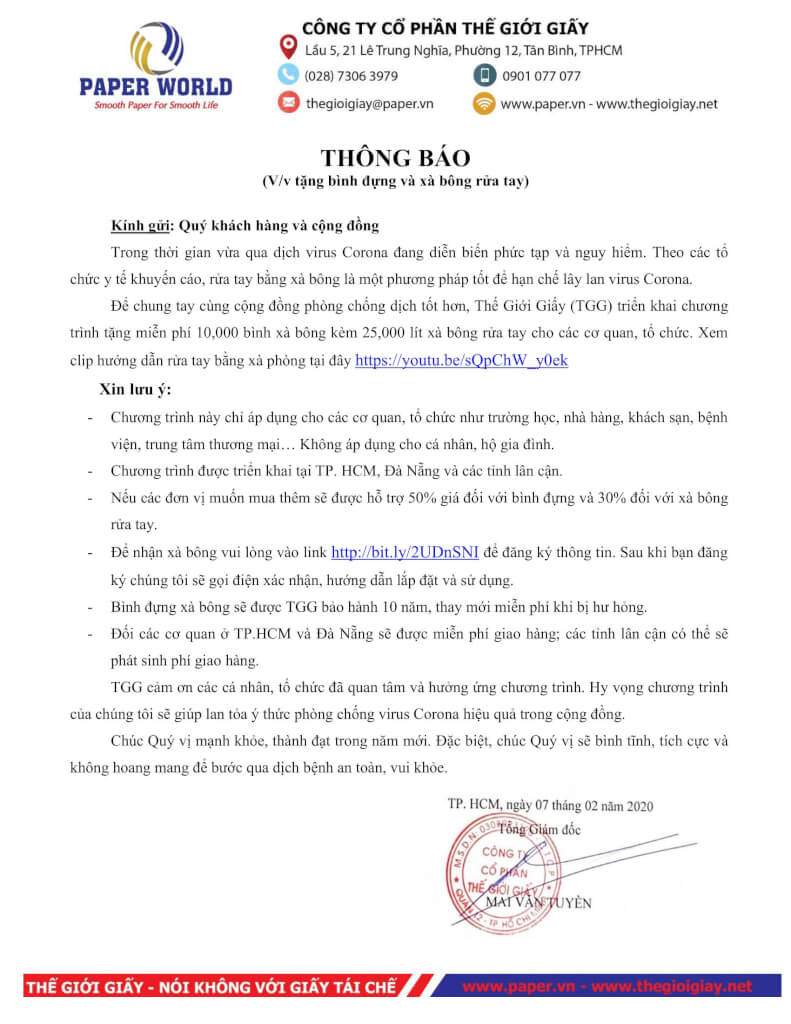 Thế Giới Giấy Đà Nẵng thông báo tặng xà bông và bình đựng xà bông miễn phí