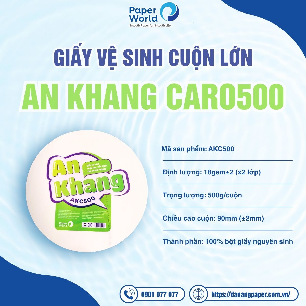 thông số giấy vệ sinh cuộn lớn an khang caro500
