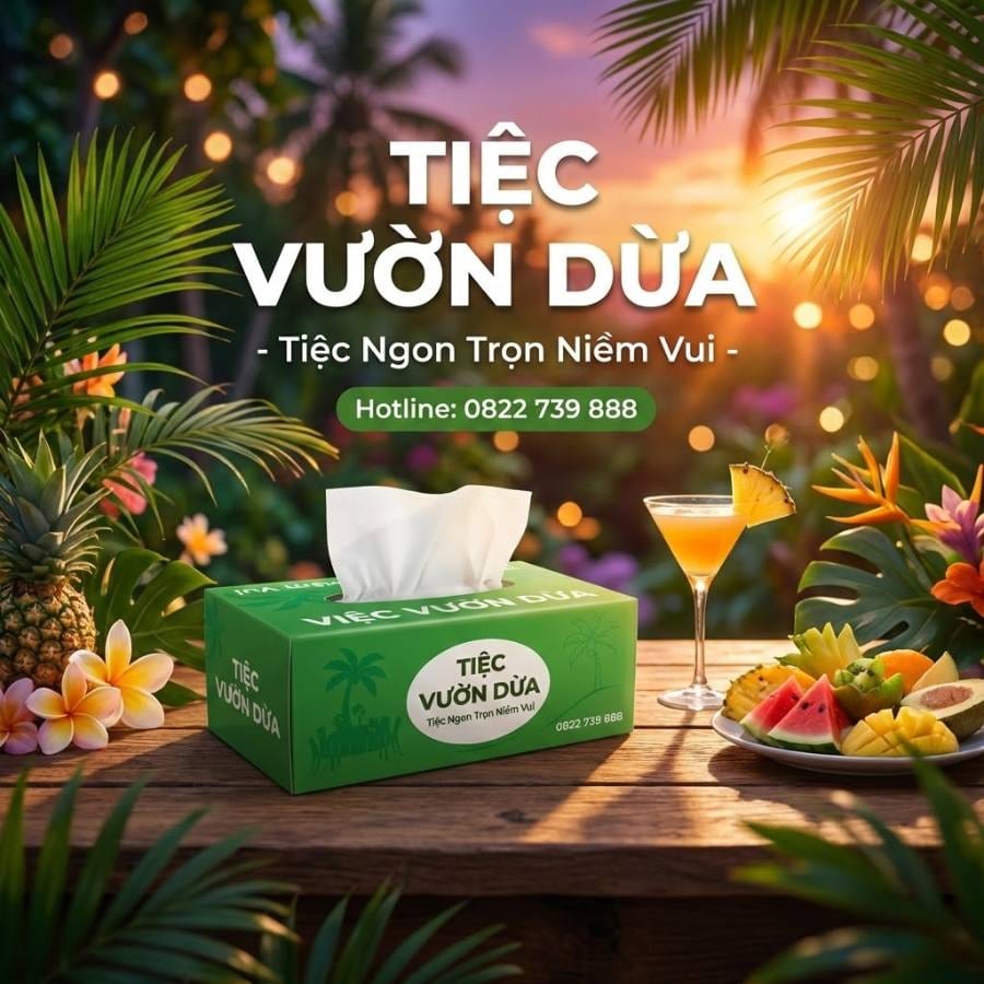 In Hộp khăn giấy giá rẻ cho công ty Tiệc Vườn Dừa