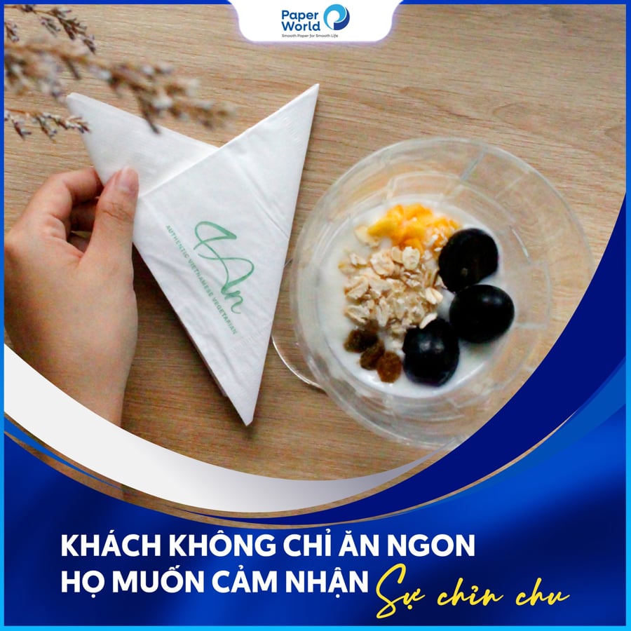 Khách không chỉ ăn ngon mà còn cảm nhận từng chi tiết nhỏ nhất từ logo in trên khăn giấy