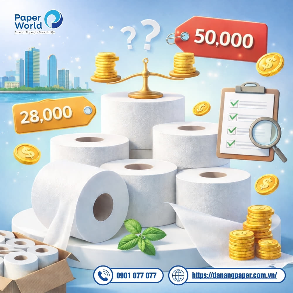 Giá giấy vệ sinh cuộn lớn phù thuộc vào nhiều yếu tố: chất liệu, số lớp giấy, trọng lượng giấy, số lượng đặt mua...