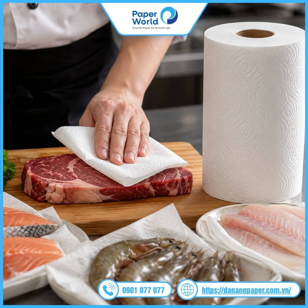 Thấm khô nước trên thực phẩm bằng giấy cuộn đa năng