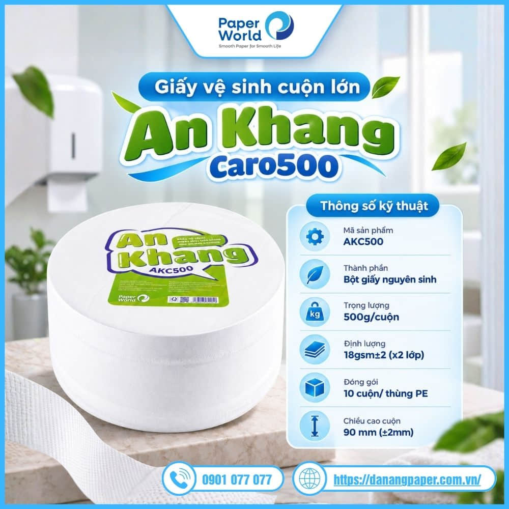 Giấy vệ sinh cuộn lớn An Khang Caro500